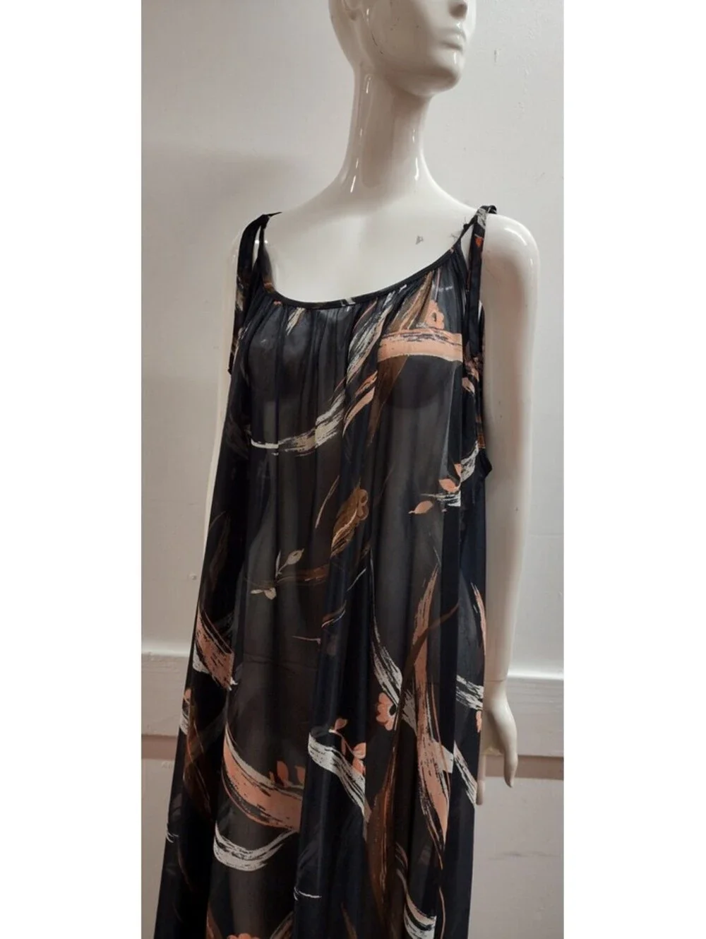 Vintage 1970s Maxi A-Line Swing Sheer Dress Size L/XL Black Sheer Nylon Pastels